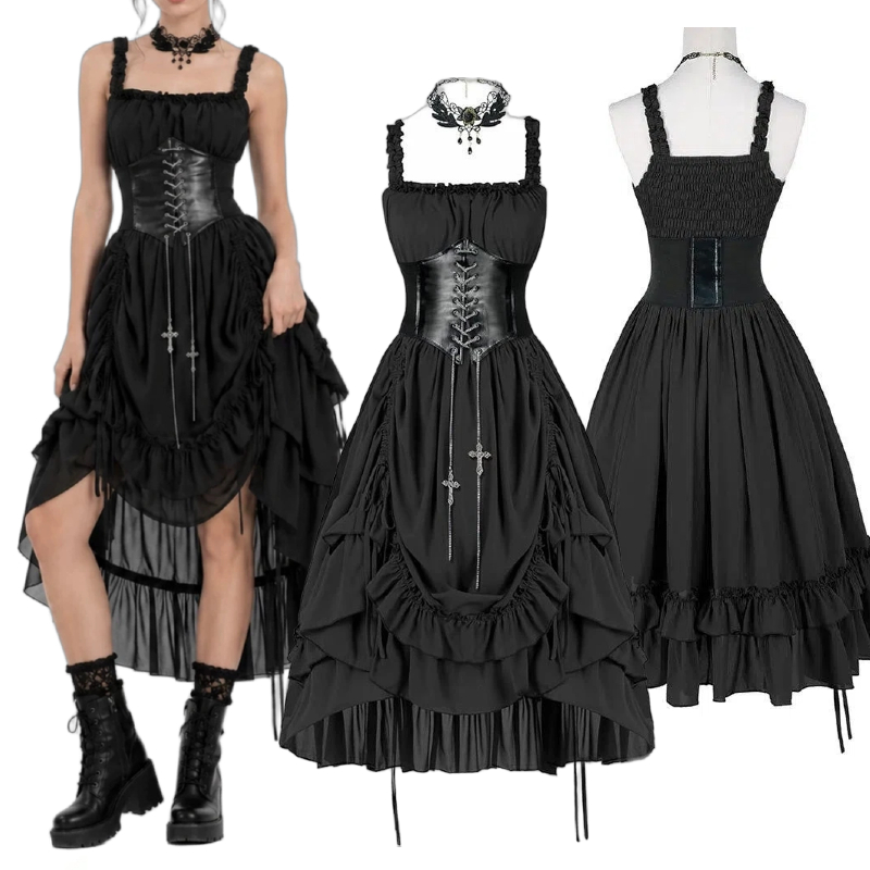 Vintage Slip Dress - فستان نسائي قوطي أسود بتصميم كورسيه،