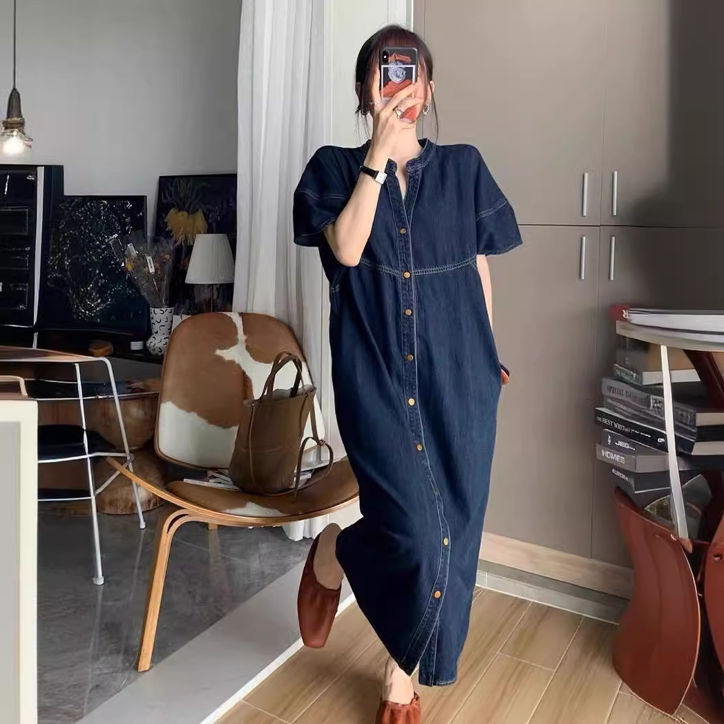 French Vintage Fashion - فستان جينز فضفاض جديد بتصميم فرنسي
